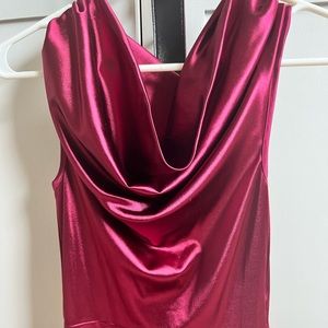 Burgundy satin dress.